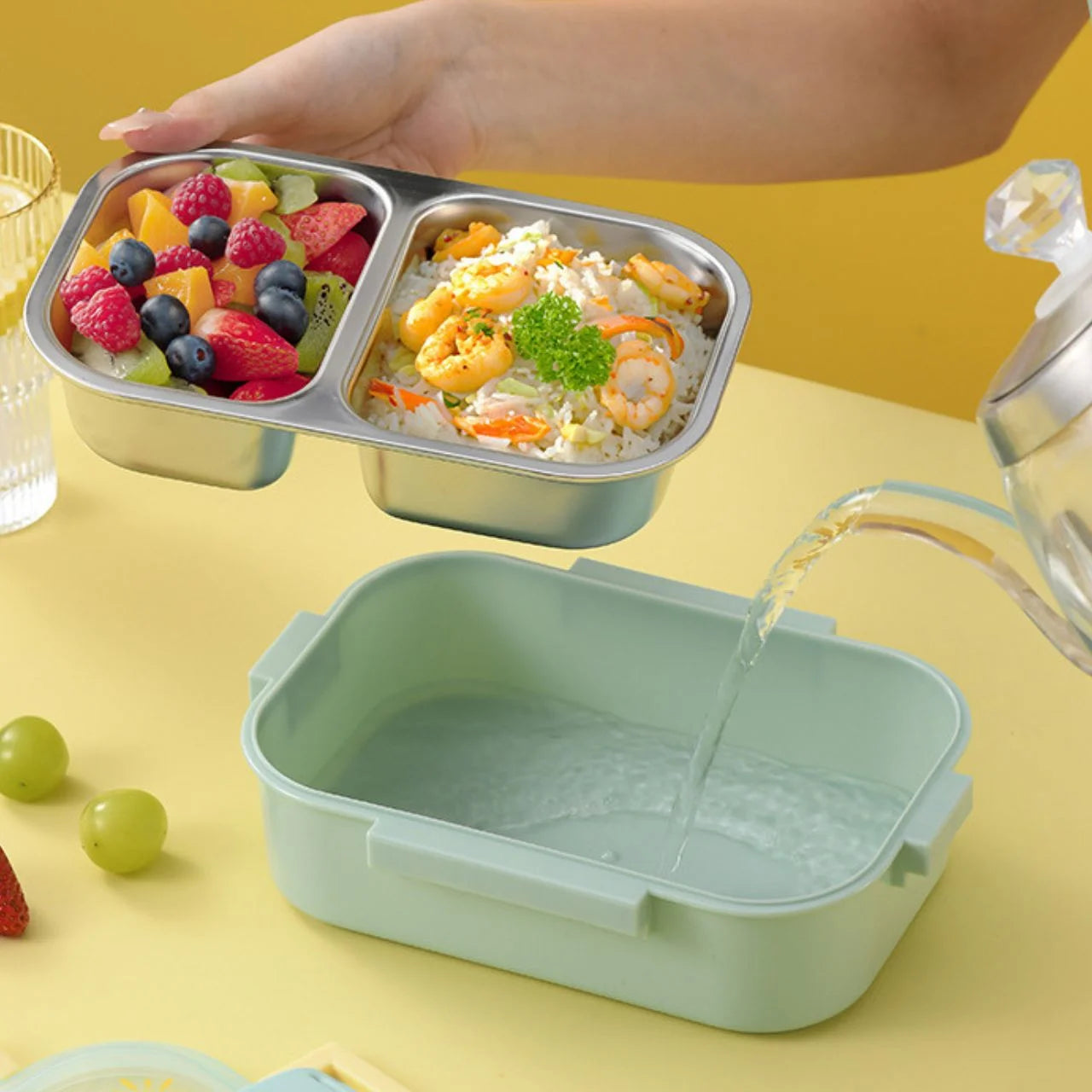 Stainless Steel 2 Compartment Lunch Box with Small Container & Handle