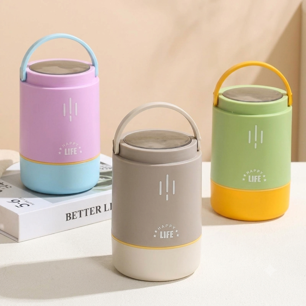 Stainless Steel 3 Layer Lunch Box with Handle & Spoon | Outer Plastic & Inner Steel | Insulation | 900 ML | Portable & Leakproof