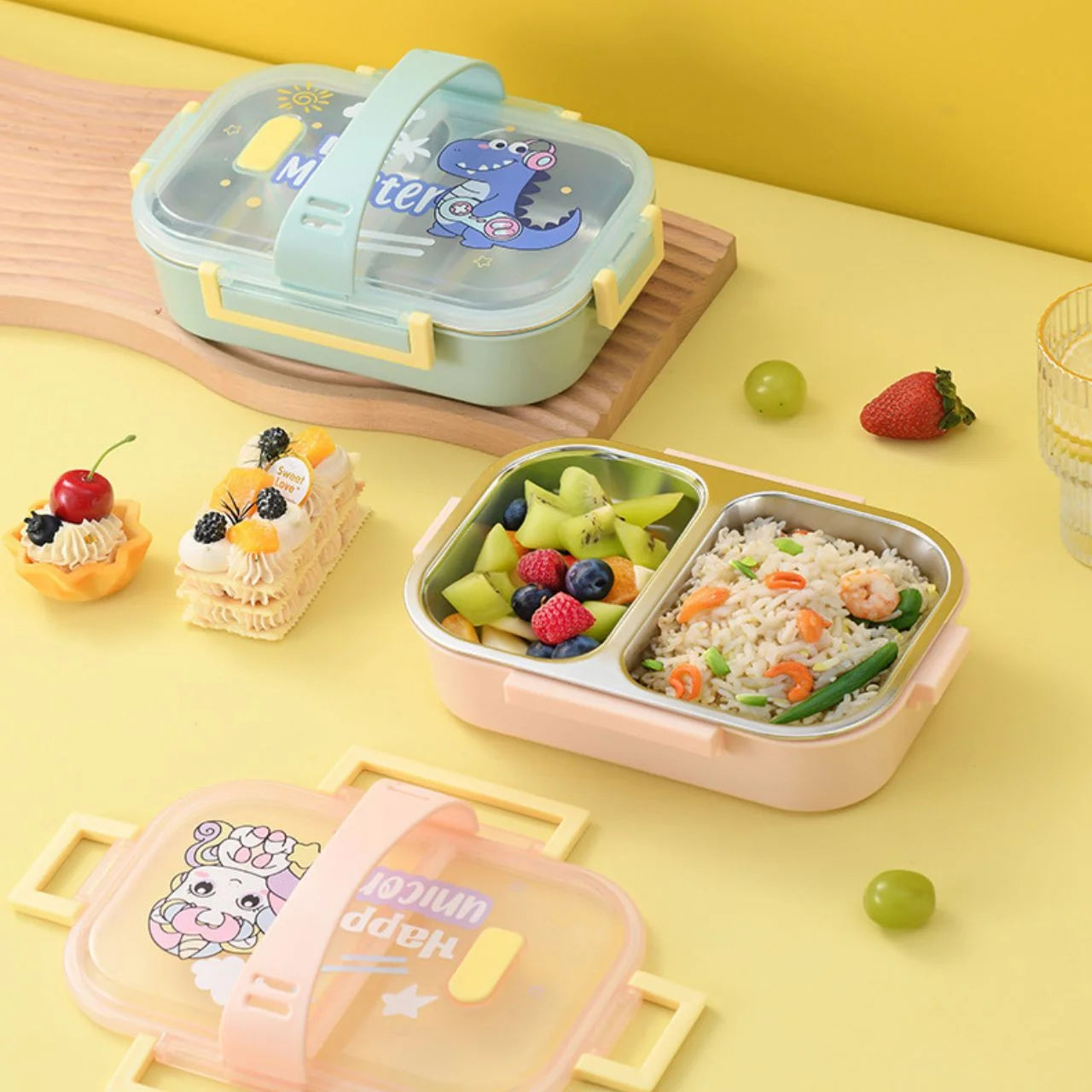 Stainless Steel 2 Compartment Lunch Box with Small Container & Handle