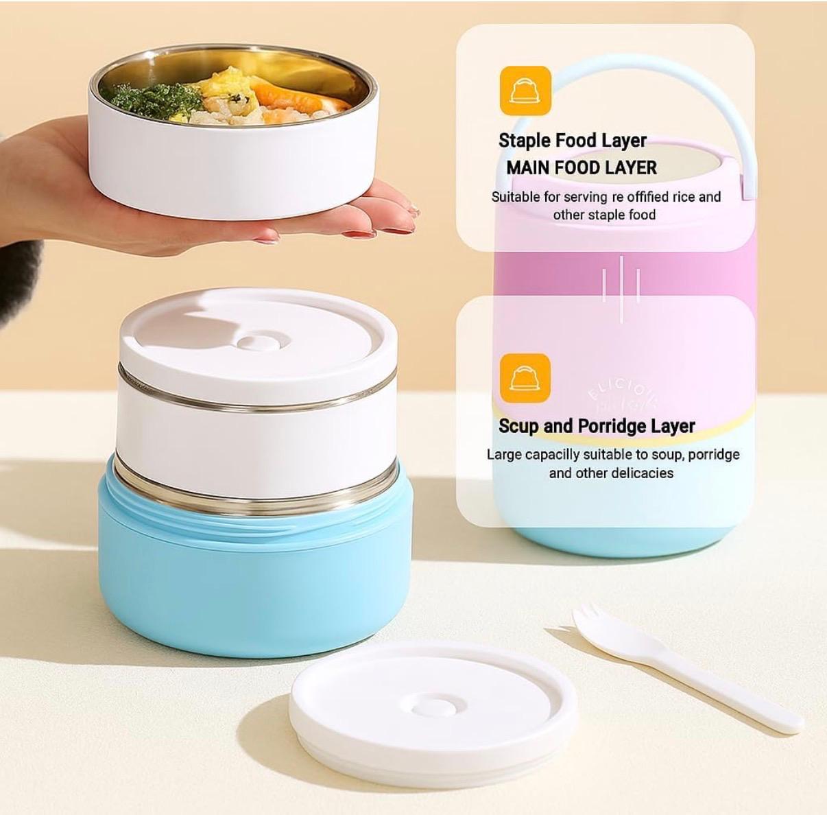 Stainless Steel 3 Layer Lunch Box with Handle & Spoon | Outer Plastic & Inner Steel | Insulation | 900 ML | Portable & Leakproof
