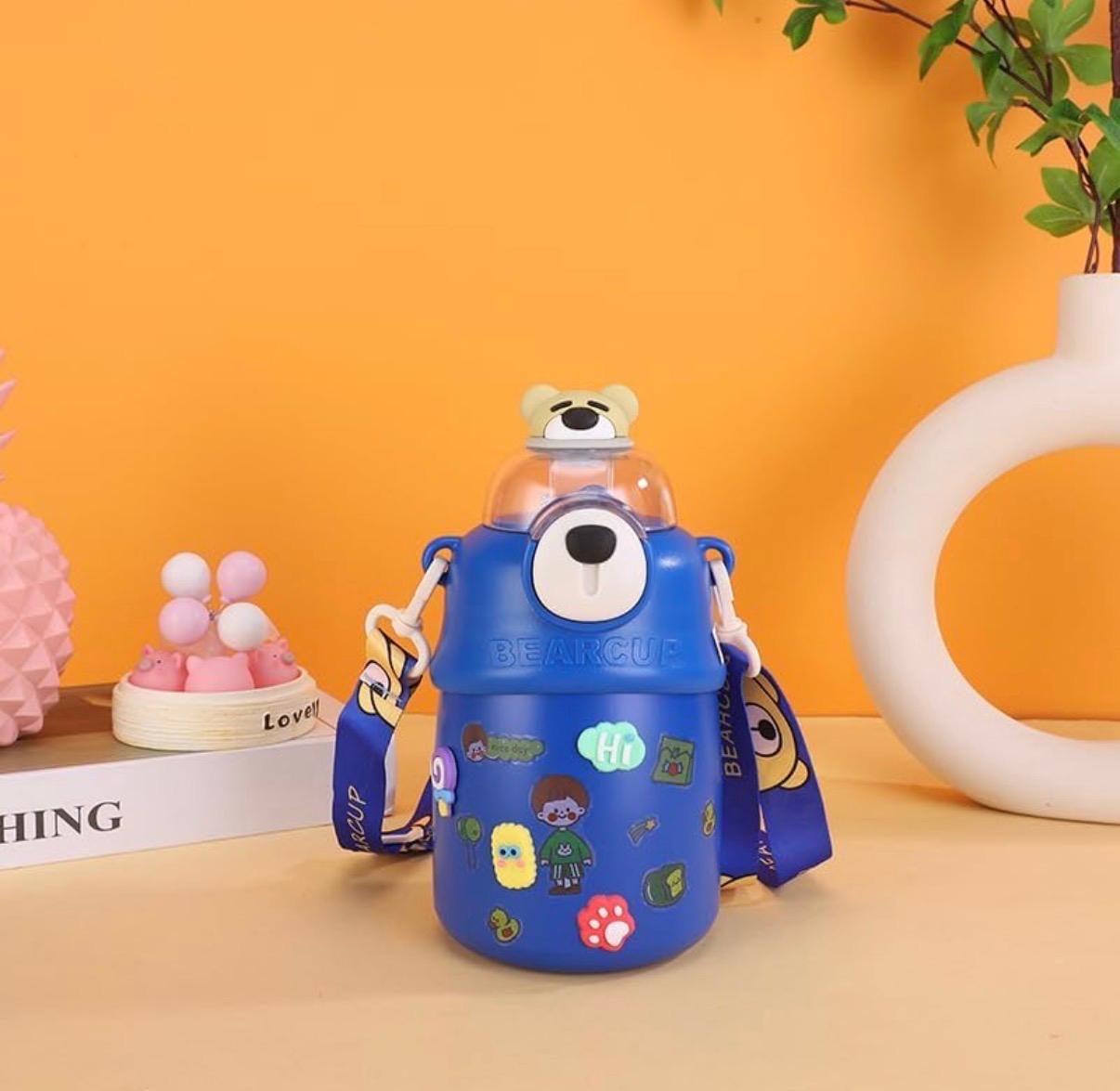 Stainless Steel Kawaii Bear Sipper for Kids with Adjustable Strap | Double Wall Insulation | Portable & Leakproof | 700 ML