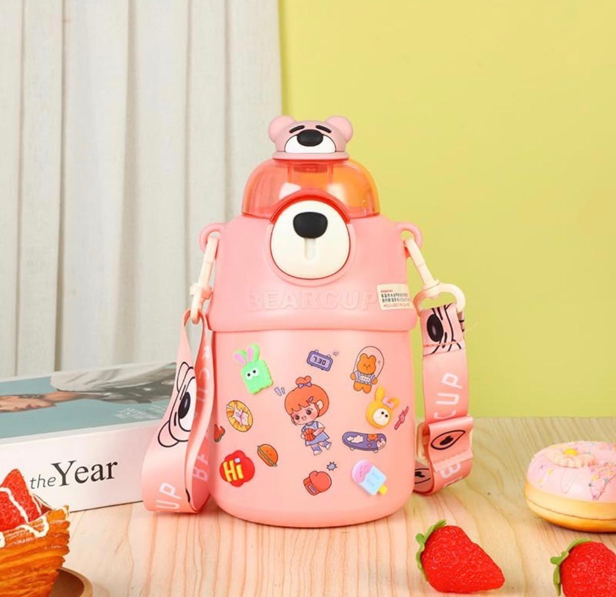 Stainless Steel Kawaii Bear Sipper for Kids with Adjustable Strap | Double Wall Insulation | Portable & Leakproof | 700 ML