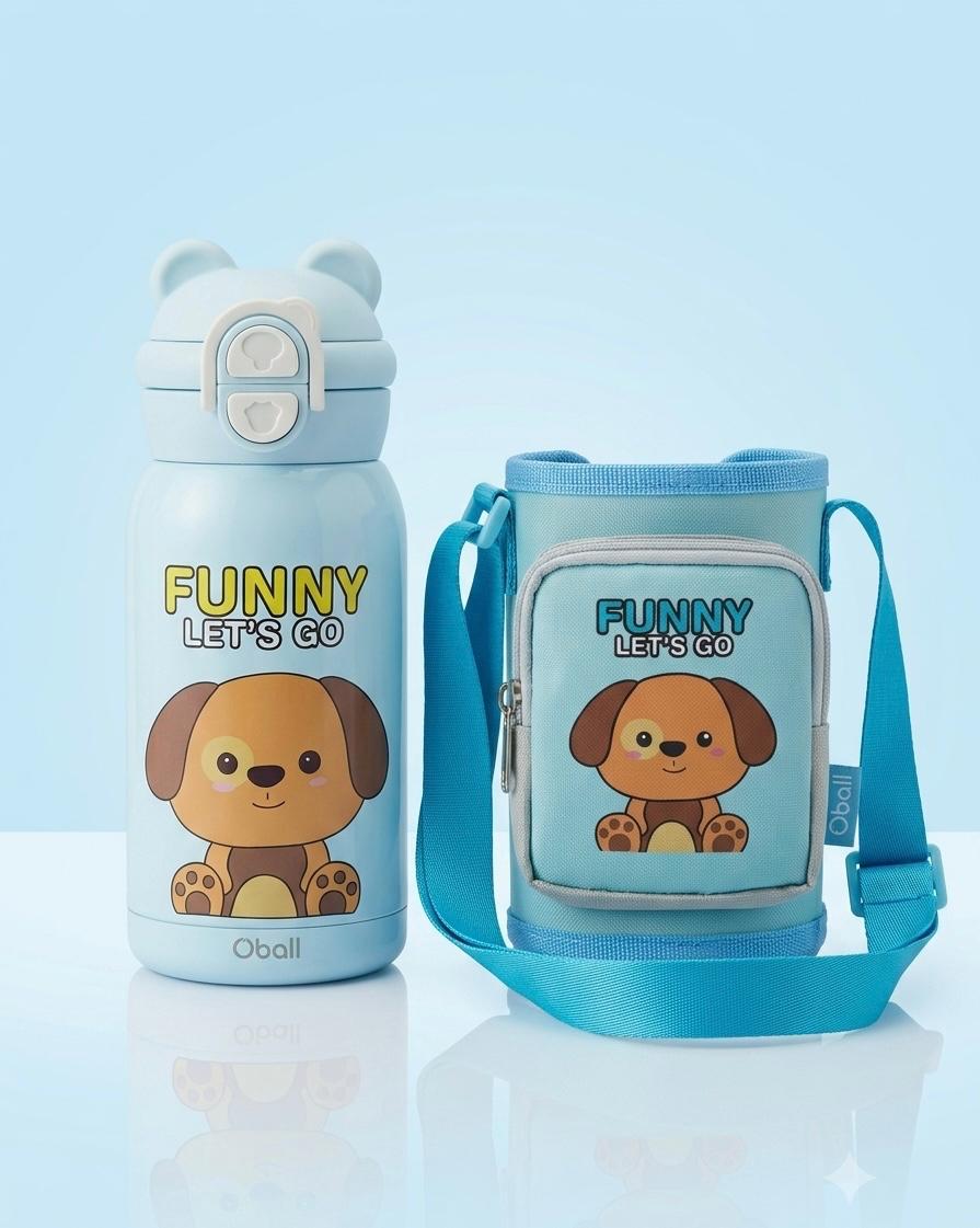 600ML 2-in-1 Drinking Design Cartoon Printed Kids Sipper Bottle with Strap and Cute Zip Case