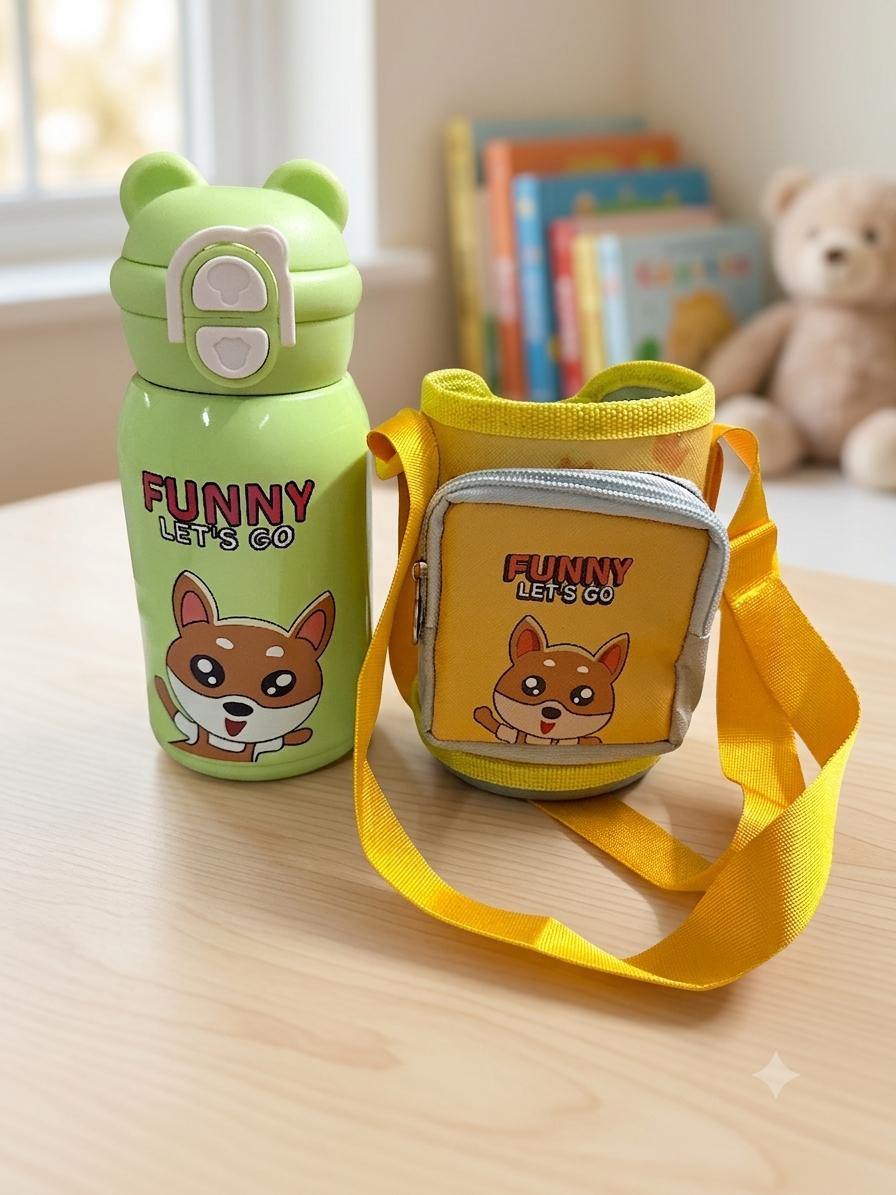 600ML 2-in-1 Drinking Design Cartoon Printed Kids Sipper Bottle with Strap and Cute Zip Case
