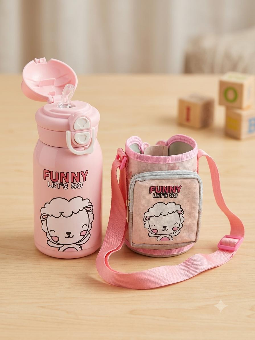 600ML 2-in-1 Drinking Design Cartoon Printed Kids Sipper Bottle with Strap and Cute Zip Case