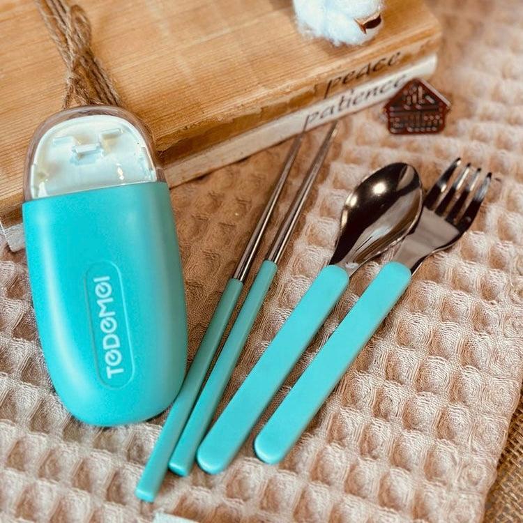 Tiny Cutlery Set Stainless Steel Pocket Size Portable Fork, Spoon, and Chopsticks, with Storage Case