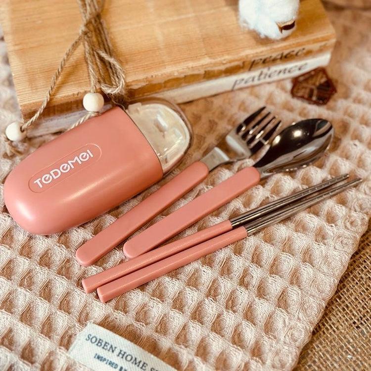 Tiny Cutlery Set Stainless Steel Pocket Size Portable Fork, Spoon, and Chopsticks, with Storage Case