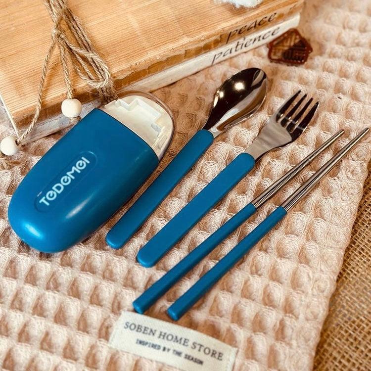Tiny Cutlery Set Stainless Steel Pocket Size Portable Fork, Spoon, and Chopsticks, with Storage Case